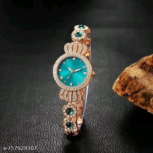 Women’s Designer Teal Stone Studded Bracelet Watch | Elegant Party Wear Wrist Watch for Girls & Ladies - TrendKart 