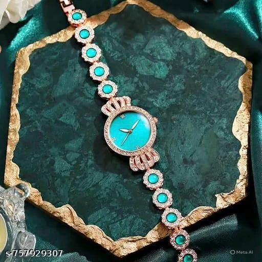 Women’s Designer Teal Stone Studded Bracelet Watch | Elegant Party Wear Wrist Watch for Girls & Ladies - TrendKart 