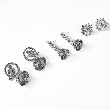 Oxidized Jhumka Earrings Combo – Set of 3 Elegant Indian Studs - UniFinds 