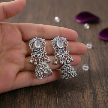 German Silver Jhumka Earrings – Traditional Oxidized Finish with Monalisa Stones - UniFinds 