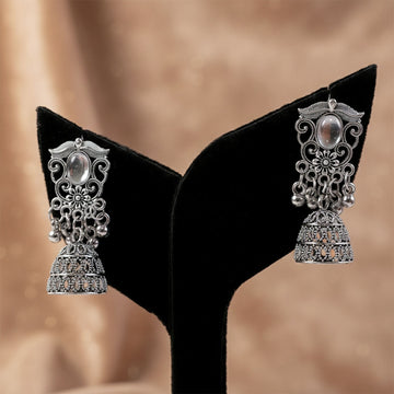German Silver Jhumka Earrings – Traditional Oxidized Finish with Monalisa Stones - UniFinds 