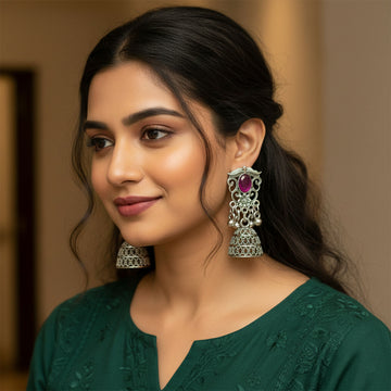 German Silver Jhumka Earrings – Red Monalisa Stones & Vintage Charm - UniFinds 