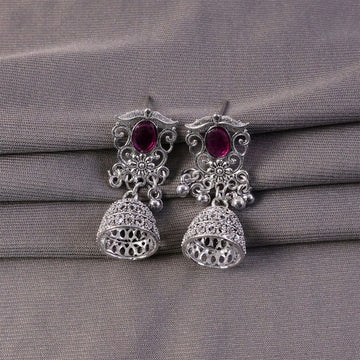 German Silver Jhumka Earrings – Red Monalisa Stones & Vintage Charm - UniFinds 