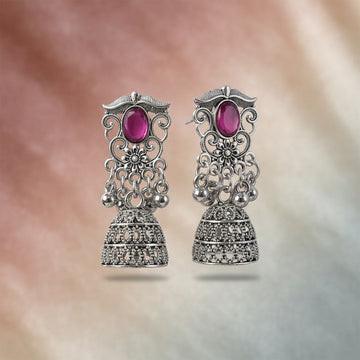 German Silver Jhumka Earrings – Red Monalisa Stones & Vintage Charm - UniFinds 