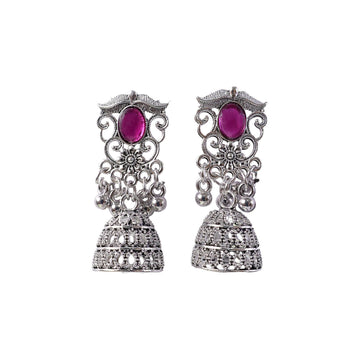 German Silver Jhumka Earrings – Red Monalisa Stones & Vintage Charm - UniFinds 