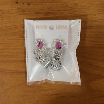 German Silver Jhumka Earrings – Red Monalisa Stones & Vintage Charm - UniFinds 