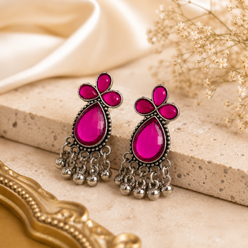 Premium Oxidized Pink Crystal Floral Drop Earrings for Women with Beaded Tassels - UniFinds 
