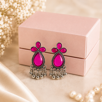Premium Oxidized Pink Crystal Floral Drop Earrings for Women with Beaded Tassels - UniFinds 