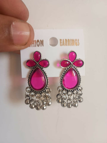 Premium Oxidized Pink Crystal Floral Drop Earrings for Women with Beaded Tassels - UniFinds 