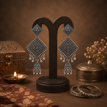 Oxidised Silver Geometric Jhumka Earrings – Perfect for Festive Wear - UniFinds 