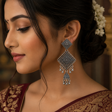 Oxidised Silver Geometric Jhumka Earrings – Perfect for Festive Wear - UniFinds 