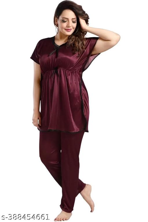 ENDRILLA Trending Kaftan Plain Satin Night Suit, Top Pyjama , Co-ord Set, Sleep Wear To Be Wear In Summers For Girls And Women (Brown). - UniFinds 