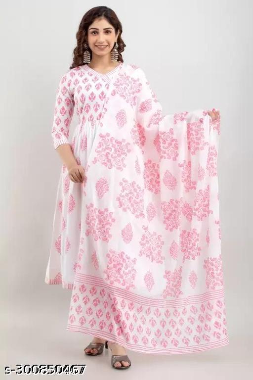 anarakali kurti and dupatta pink - Velorabeauty