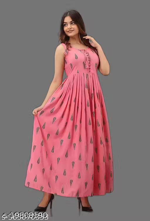 Rayon printed Fit and Flared Sleeveless Midi Kurti cum Gown - Velorabeauty