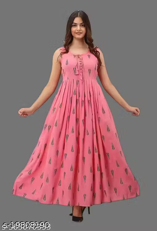 Rayon printed Fit and Flared Sleeveless Midi Kurti cum Gown - Velorabeauty