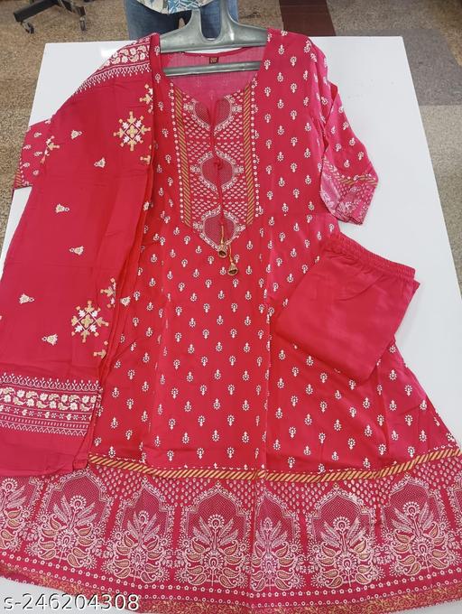 Women's Rayon Printed Anarkali Kurti with Pant and Dupatta Set  - Velorabeauty