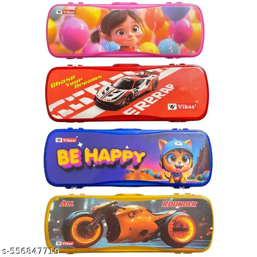 Ultra Size Plastic Pencil Box Combo Pack of 4 for Kids | Cartoon Design Pencil Box for Girls & Boys | Red Race Car, Blue Be Happy, Pink Girl, Yellow All Rounder Freedom on Wheels Design | Pencil box for kids - WYNAMIX store