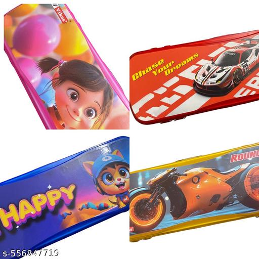 Ultra Size Plastic Pencil Box Combo Pack of 4 for Kids | Cartoon Design Pencil Box for Girls & Boys | Red Race Car, Blue Be Happy, Pink Girl, Yellow All Rounder Freedom on Wheels Design | Pencil box for kids - WYNAMIX store