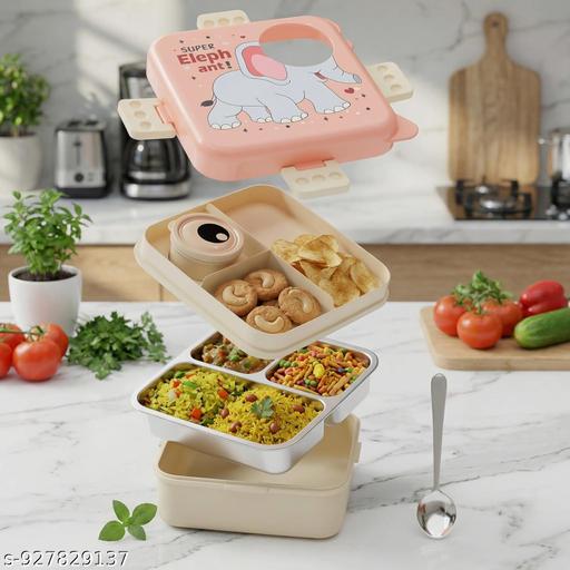 Lunch Box for School, Stainless Steel Insulated Tiffin Box with Spoon, Leak Proof 3 Compartments Bento Box, BPA Free Food Grade Lunch Box for Kids, 1120 ml + 70 ml (Pink, Super Elephant) - WYNAMIX store