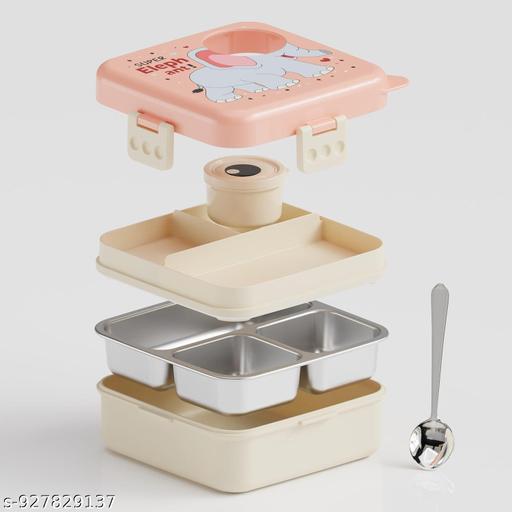 Lunch Box for School, Stainless Steel Insulated Tiffin Box with Spoon, Leak Proof 3 Compartments Bento Box, BPA Free Food Grade Lunch Box for Kids, 1120 ml + 70 ml (Pink, Super Elephant) - WYNAMIX store