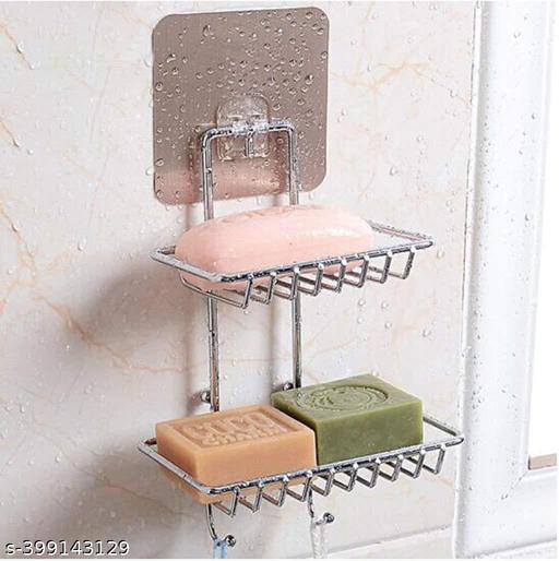 AUSPICIOUS Wall Mount Self-Adhesive Double-Layer Soap Dish Holder | Waterproof Stainless Steel Bathroom & Kitchen Organizer Rack – Silver - WYNAMIX store