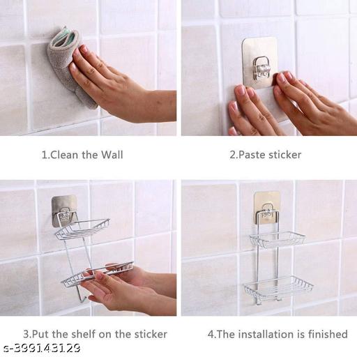 AUSPICIOUS Wall Mount Self-Adhesive Double-Layer Soap Dish Holder | Waterproof Stainless Steel Bathroom & Kitchen Organizer Rack – Silver - WYNAMIX store