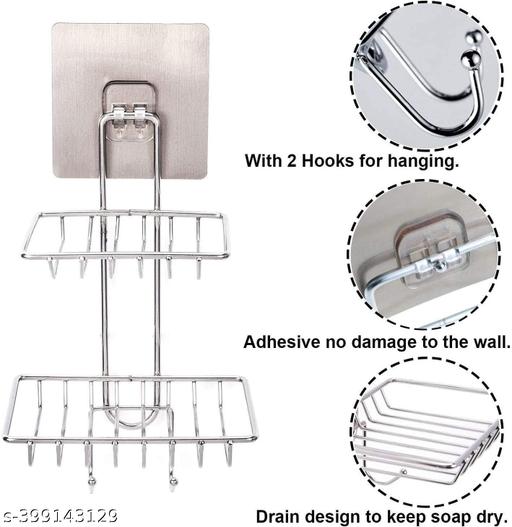 AUSPICIOUS Wall Mount Self-Adhesive Double-Layer Soap Dish Holder | Waterproof Stainless Steel Bathroom & Kitchen Organizer Rack – Silver - WYNAMIX store