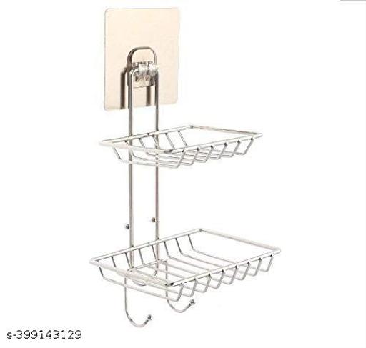 AUSPICIOUS Wall Mount Self-Adhesive Double-Layer Soap Dish Holder | Waterproof Stainless Steel Bathroom & Kitchen Organizer Rack – Silver - WYNAMIX store