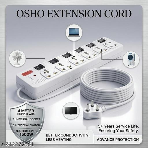 7 Socket WITH 6 INDIVIDUAL SWITCH Multi plug Universal Extension Board with 4m copper  Wire &  LED indicator - WYNAMIX store
