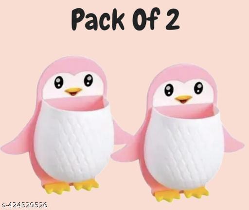 2pc Penguins Shape Toothbrush Holder Plastic Stand for Toothpaste, Comb, Brush, Cream, Lotion Kids Bathroom Cup Drain Waterproof Self-Adhesive(Set of 2,pink color) - WYNAMIX store