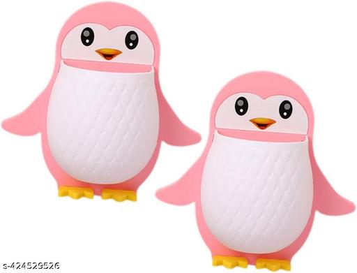 2pc Penguins Shape Toothbrush Holder Plastic Stand for Toothpaste, Comb, Brush, Cream, Lotion Kids Bathroom Cup Drain Waterproof Self-Adhesive(Set of 2,pink color) - WYNAMIX store