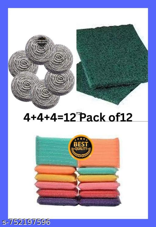 Pack of 12 Kitchen Cleaning Combo – 4 Steel Scrubbers + 4 Green Pads + 4 Sponge Dish Cloths | Heavy Duty Utensil Scrubber Set for Kitchen, Sink & Dishes - WYNAMIX store