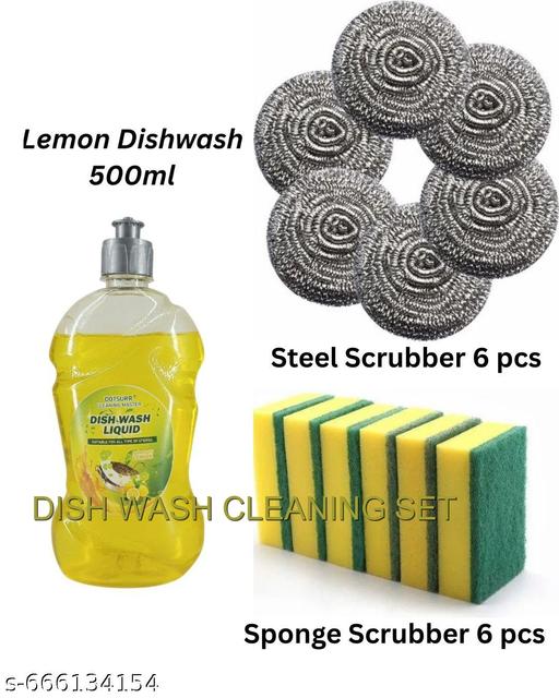  Lemon Dish Wash 500ml With 6 Dish Scrubber and 6 Steel Scrubber Zuna  Cleaning For Utensil Combo Pack  of 3 - WYNAMIX store
