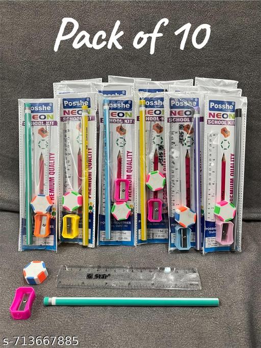 return gift study kit pack of 10 where 1 pencil,1 sharpner, 1 scale and 1 hexa eraser in each pack  - WYNAMIX store