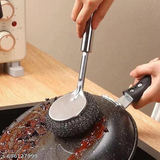 Wire Ball Brush with Handle Hand Protection Brush with Handle Stainless Steel Home Kitchen Dish Bowl Pan Cleaner Brush Scrubber (Pack of 1) - WYNAMIX store