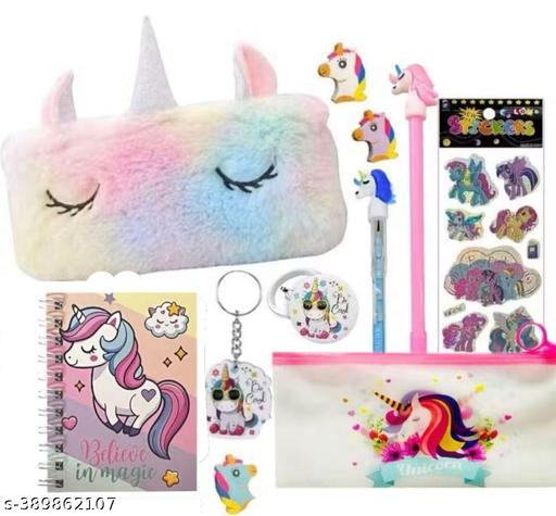  ﻿Unicorn Big Super Saver Combo 9 In 1 Items Gift Set - Unicorn Diary, Clear Folder Pouch, Gel Pen - Pencil, 4 Pc Eraser Set, Keychain, Badge, Fur Pouch & Stickers and 30 Liter Waterproof backpack bag School/College/Office & Travels Use 30 Liter Waterproof backpack bag School/College/Office & Travels Use and waterbottle - WYNAMIX store