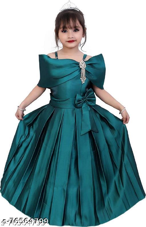 Girls Aqua Blue Silk Frocks & Dresses Pack Of 1 | teal green solid, off-shoulder bodice, pleated skirt, large bow, bows, beads, A-line, one-piece, ball gown, bow, pleated skirt, cap sleeve, off-shoulder, maxi, Girls, partywear, satin, all-season, crown - WYNAMIX store