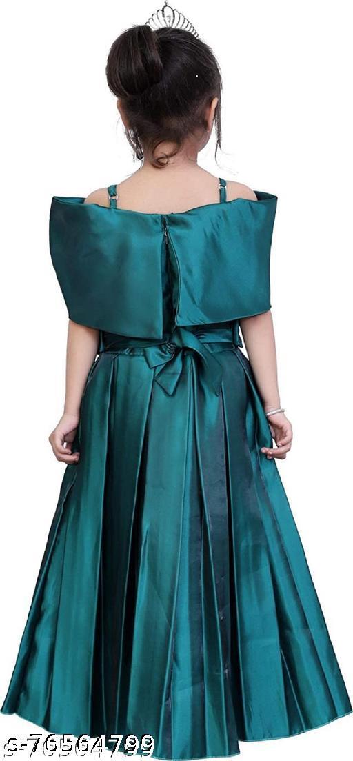 Girls Aqua Blue Silk Frocks & Dresses Pack Of 1 | teal green solid, off-shoulder bodice, pleated skirt, large bow, bows, beads, A-line, one-piece, ball gown, bow, pleated skirt, cap sleeve, off-shoulder, maxi, Girls, partywear, satin, all-season, crown - WYNAMIX store