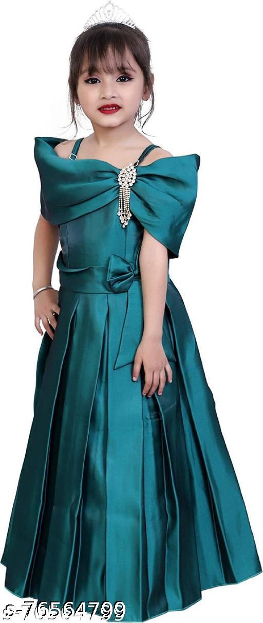 Girls Aqua Blue Silk Frocks & Dresses Pack Of 1 | teal green solid, off-shoulder bodice, pleated skirt, large bow, bows, beads, A-line, one-piece, ball gown, bow, pleated skirt, cap sleeve, off-shoulder, maxi, Girls, partywear, satin, all-season, crown - WYNAMIX store