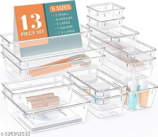 Shreenathji 13 pcs Clear plastic Drawer Organizer Set, Multi Sizes Desk Drawer Divider Organizers and Storage Bins for Makeup, Jewelry, Gadgets for Kitchen, Bedroom, Bathroom, Office ( 13 pcs Set ) - WYNAMIX store