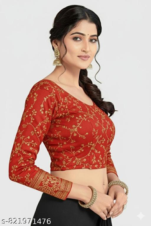 New trending Floral Printed Saree Blouse Long Sleeve Round Neck Ethnic Blouse for Women saree and lehenga - WYNAMIX store