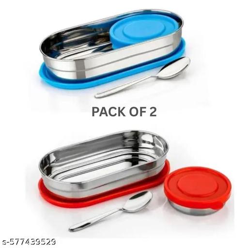 Stainless Steel Lunch Box Pack of 2 | 700ml + 150ml Container with Spoon | Leak-Proof Tiffin Box for Office & School | Blue & Red Colors - WYNAMIX store