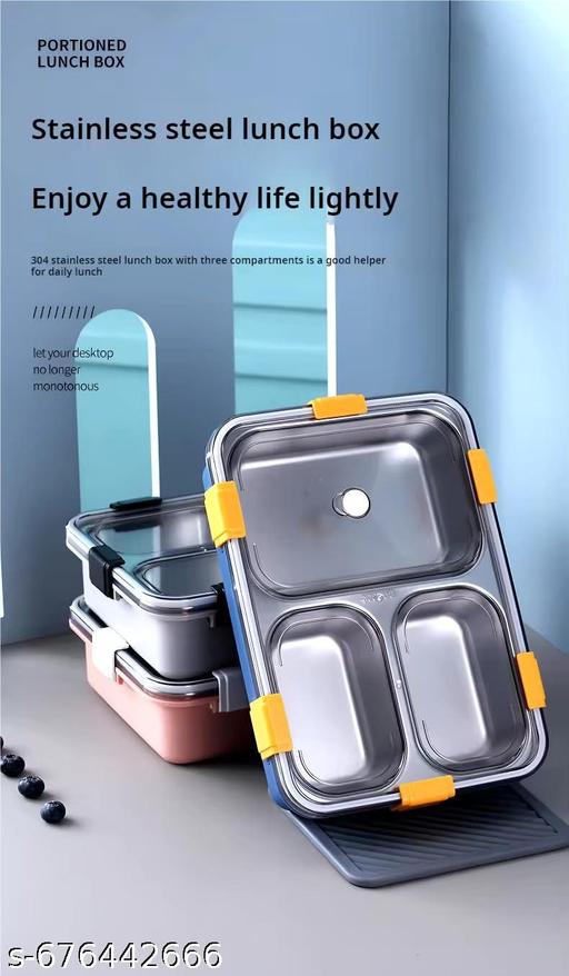 3 Compartment Lunch Box for Adults - Lunch Box for Kids - with Spoon, Stainless Steel Lunch Box with 3 Compartment - Durable Perfect Size for On-The-Go Meal, BPA-Free - WYNAMIX store