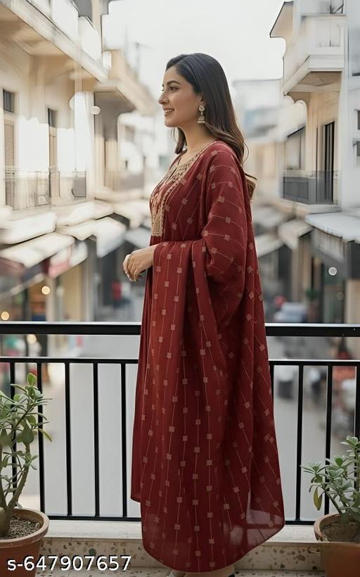Maroon A-Line Suit Set with Golden Embroidery - WYNAMIX store
