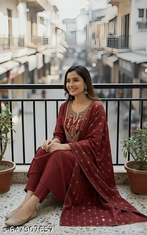 Maroon A-Line Suit Set with Golden Embroidery - WYNAMIX store
