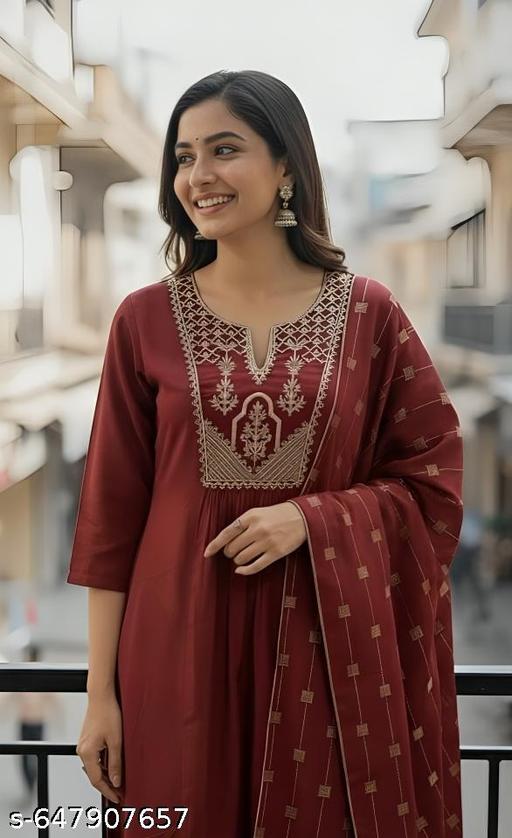 Maroon A-Line Suit Set with Golden Embroidery - WYNAMIX store