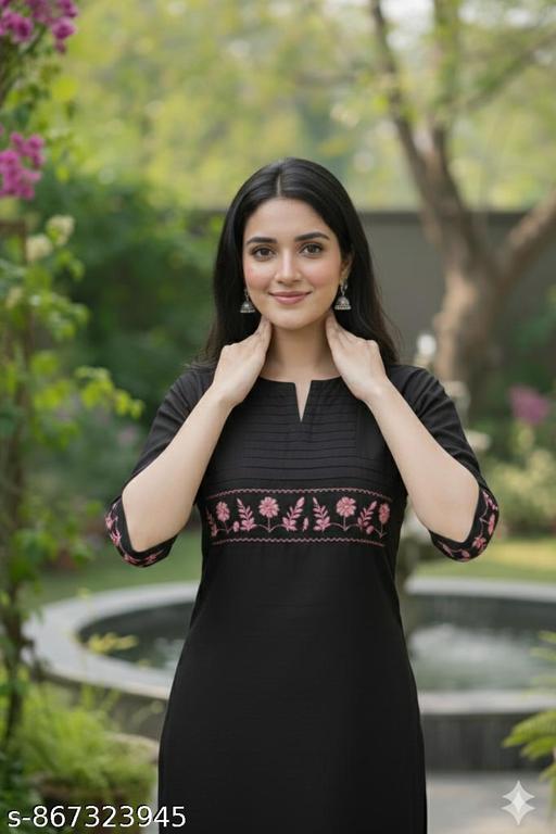 Women's Cotton Kurti with Pant Set |Embroidered Straight Kurta Pant with Sleeve Work & Notched Round Neck |Casual & Office Wear - WYNAMIX store