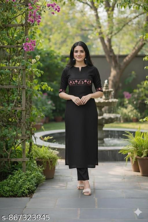 Women's Cotton Kurti with Pant Set |Embroidered Straight Kurta Pant with Sleeve Work & Notched Round Neck |Casual & Office Wear - WYNAMIX store