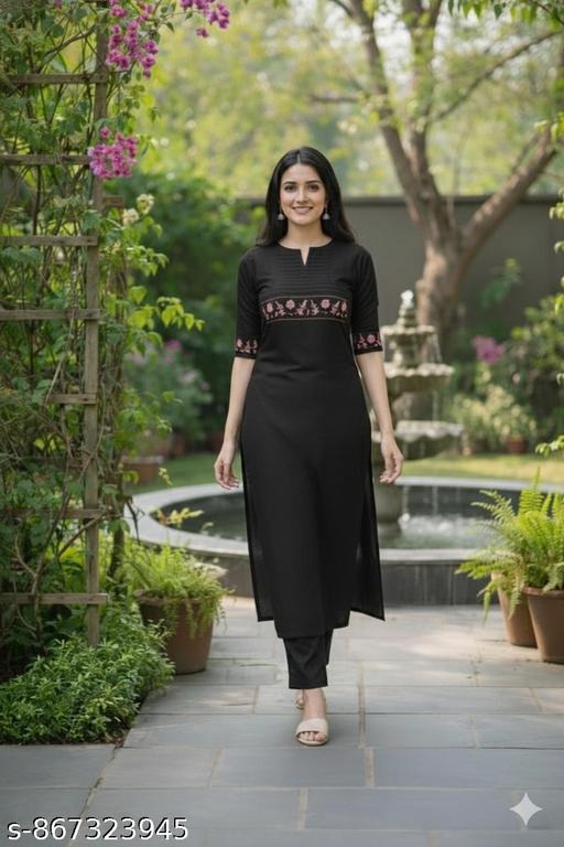 Women's Cotton Kurti with Pant Set |Embroidered Straight Kurta Pant with Sleeve Work & Notched Round Neck |Casual & Office Wear - WYNAMIX store