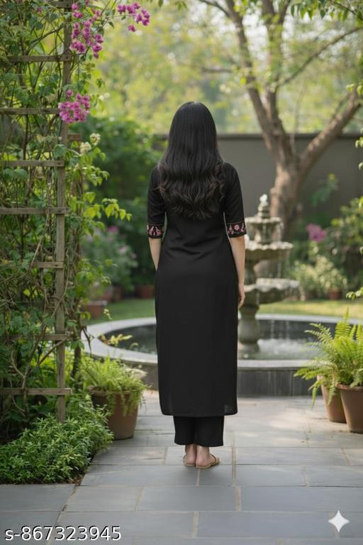Women's Cotton Kurti with Pant Set |Embroidered Straight Kurta Pant with Sleeve Work & Notched Round Neck |Casual & Office Wear - WYNAMIX store